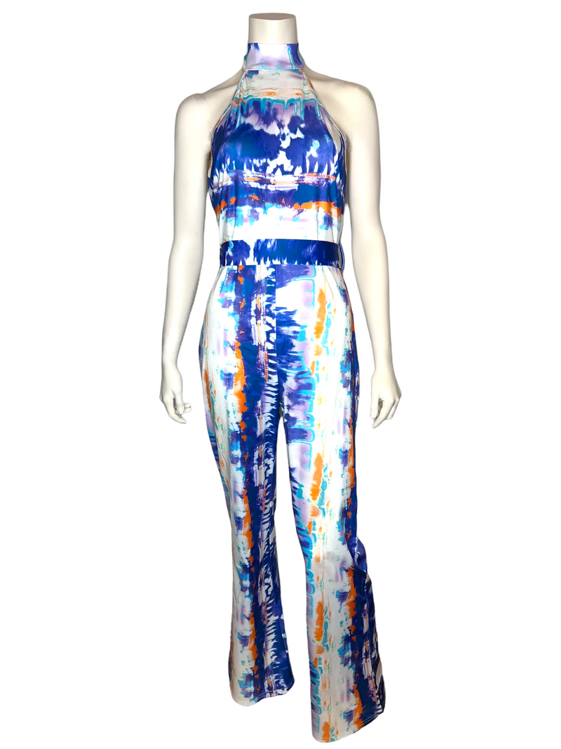 Blue Tie-Dye Halter Jumpsuit