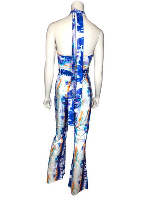 Blue Tie-Dye Halter Jumpsuit